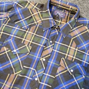 Williams Bay Mens XL Tall Plaid Blue Western Shirt Pearl Snap Front Short Sleeve